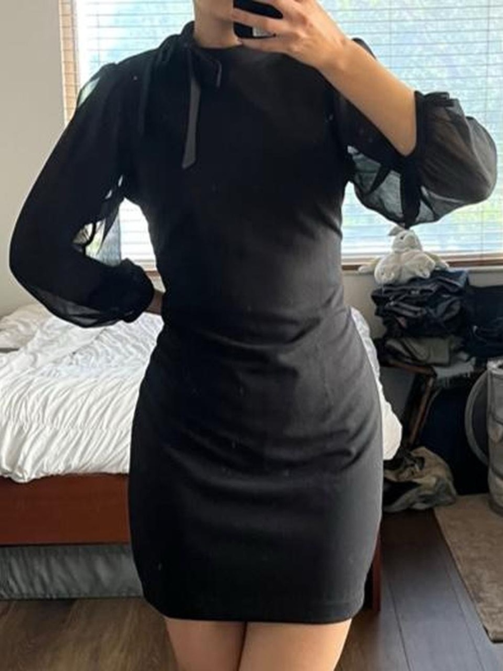 Calvin Klein Black Dress with Puffy Chiffon Sleeves and Tie detail at neck
